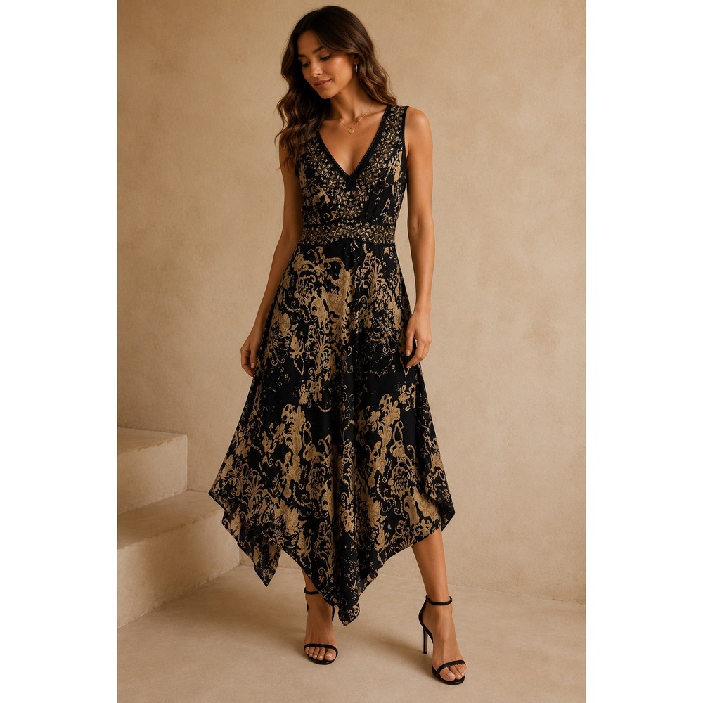 INC 100% Silk Whimsigoth Handkerchief Hem Dress 6 Black Y2K Fairy Grunge Boho